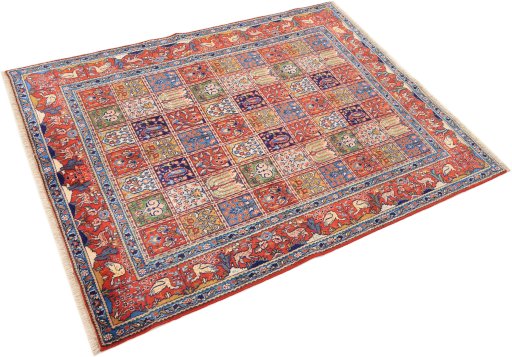 Corner detail of 2000s Moud rug showing border pattern and Wool pile