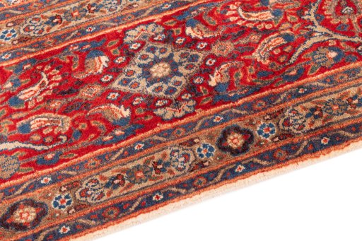 Backside of handmade 1970s Moud rug showing knot structure and weave density