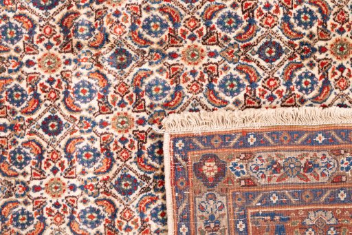 Full view of 1970s Moud rug from Iran / Persia, 253 × 238 cm in Multi Color tones