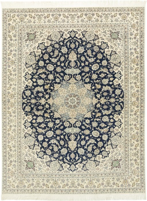 Full view of 1980s Nain rug from Iran / Persia, 393 × 303 cm in Dark blue tones