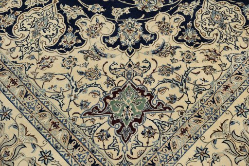 Full view of 1980s Nain rug from Iran / Persia, 393 × 303 cm in Dark blue tones