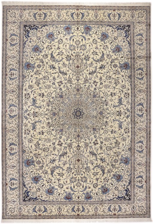 Full view of 1980s Nain rug from Iran / Persia, 439 × 302 cm in Cream tones