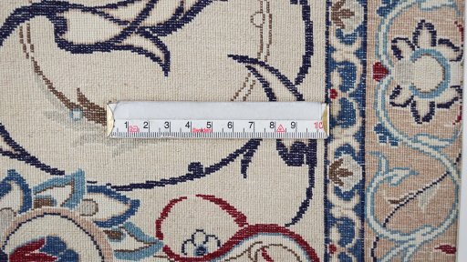 Full view of 1980s Nain rug from Iran / Persia, 439 × 302 cm in Cream tones