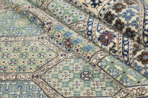 Full view of New Nain rug from Iran / Persia, 402 × 307 cm in Blue tones