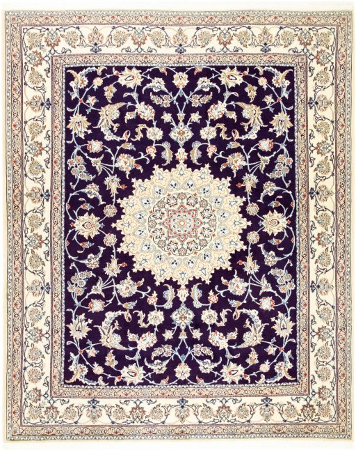 Full view of 1990s Nain rug from Iran / Persia, 240 × 195 cm in Dark blue tones