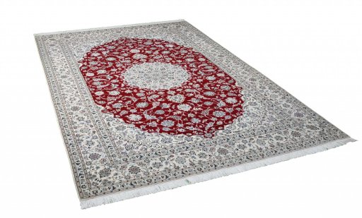 Corner detail of New Nain rug showing border pattern and Cork pile