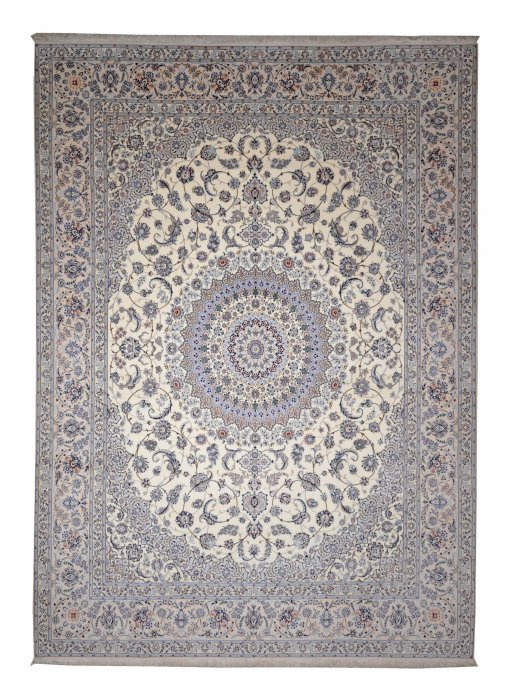 Full view of New Nain rug from Iran / Persia, 423 × 307 cm in Beige tones