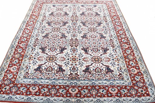 Surface texture of 1930s Nain rug with natural Wool and intricate pattern