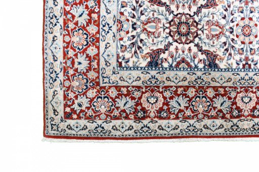 Full view of 1930s Nain rug from Iran / Persia, 202 × 147 cm in Beige tones