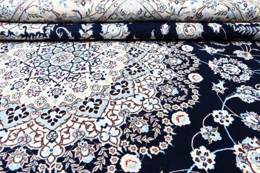 Full view of New Nain rug from Iran / Persia, 368 × 257 cm in Blue tones