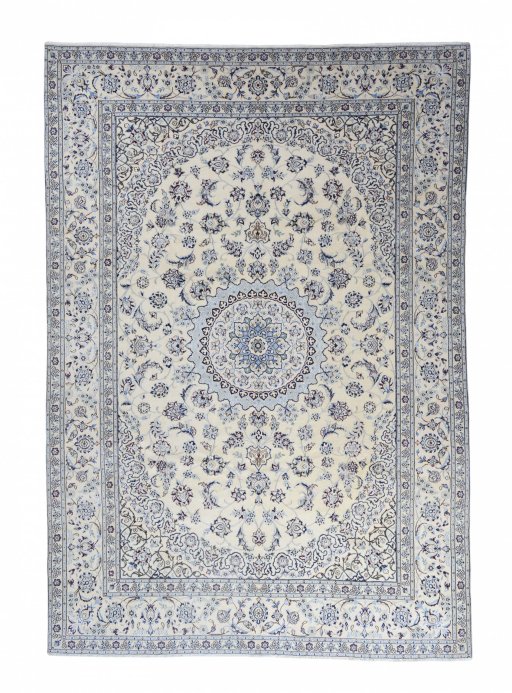 Full view of New Nain rug from Iran / Persia, 349 × 243 cm in Beige tones