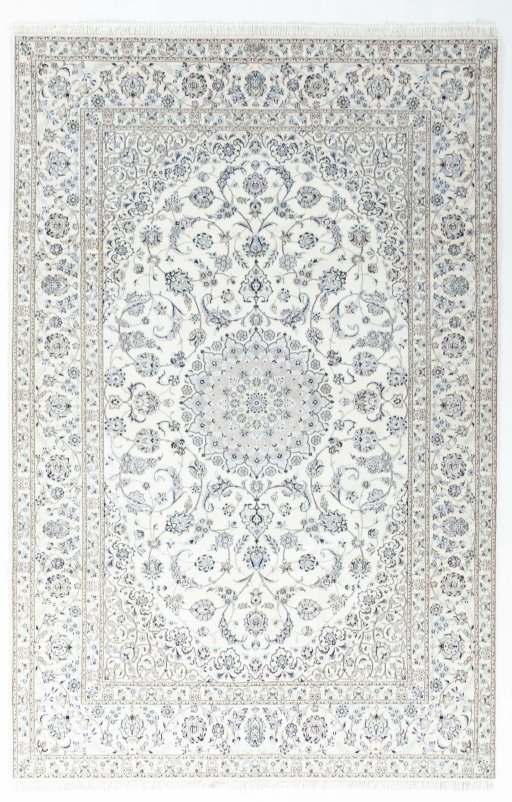 Full view of New Nain rug from Iran / Persia, 318 × 210 cm in Beige tones