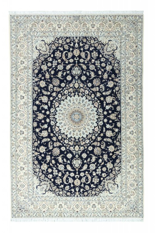 Full view of New Nain rug from Iran / Persia, 322 × 212 cm in Blue tones