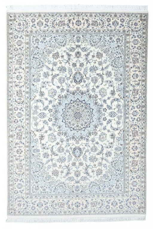 Full view of New Nain rug from Iran / Persia, 226 × 153 cm in Beige tones