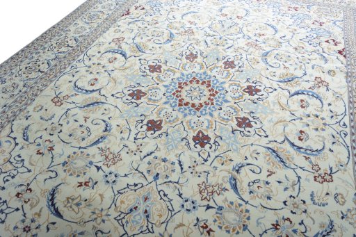 Backside of handmade New Nain rug showing knot structure and weave density