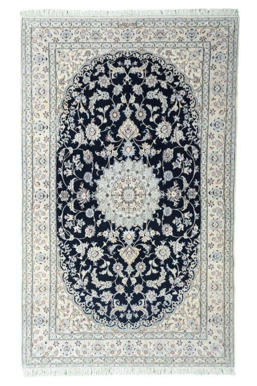 Full view of New Nain rug from Iran / Persia, 205 × 126 cm in Blue tones