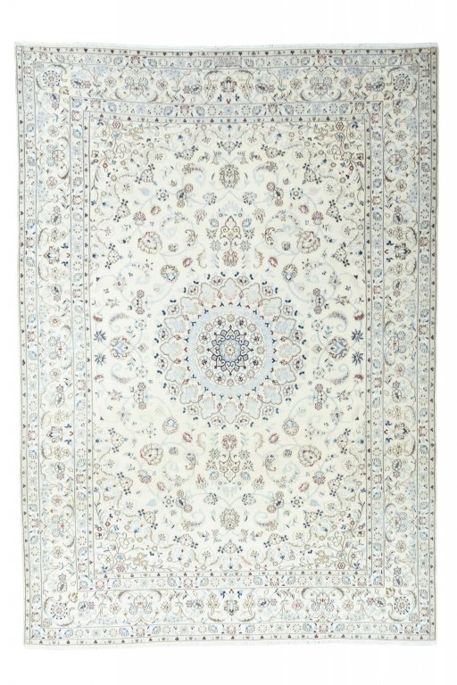 Full view of New Nain rug from Iran / Persia, 353 × 250 cm in Beige tones