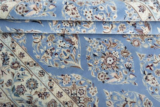 Full view of New Nain rug from Iran / Persia, 245 × 154 cm in Blue tones