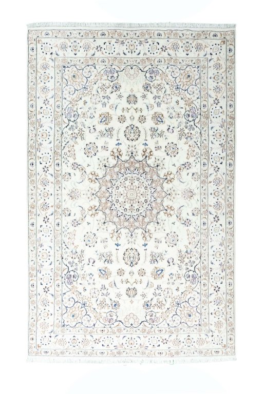 Full view of New Nain rug from Iran / Persia, 302 × 190 cm in Beige tones