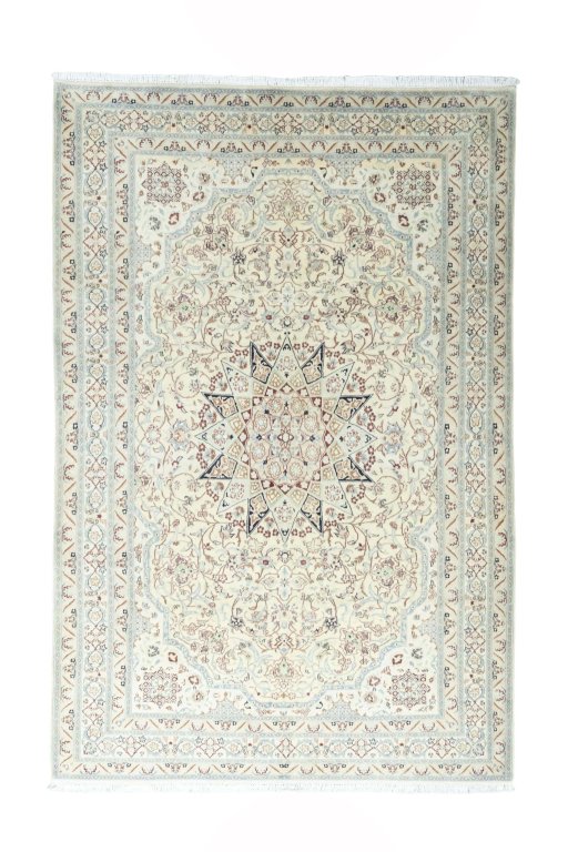 Full view of 2000s Nain rug from Iran / Persia, 309 × 203 cm in Beige tones