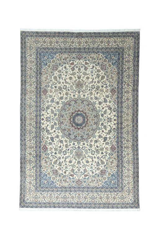 Full view of 2000s Nain rug from Iran / Persia, 389 × 262 cm in Beige tones