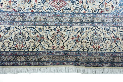 Full view of 2000s Nain rug from Iran / Persia, 389 × 262 cm in Beige tones