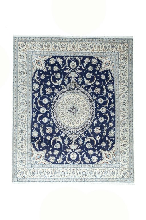 Full view of New Nain rug from Iran / Persia, 302 × 253 cm in Blue tones