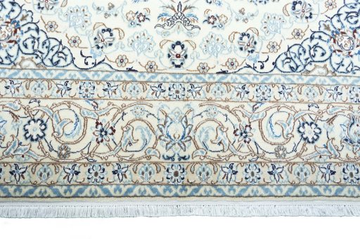 Full view of New Nain rug from Iran / Persia, 302 × 198 cm in Beige tones