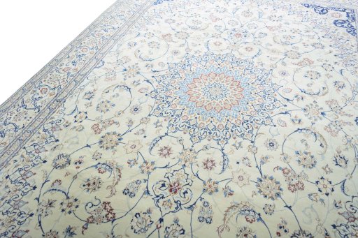 Backside of handmade 2000s Nain rug showing knot structure and weave density