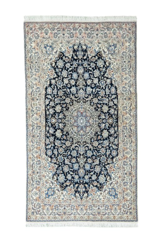 Full view of 1970s Nain rug from Iran / Persia, 204 × 114 cm in Blue tones