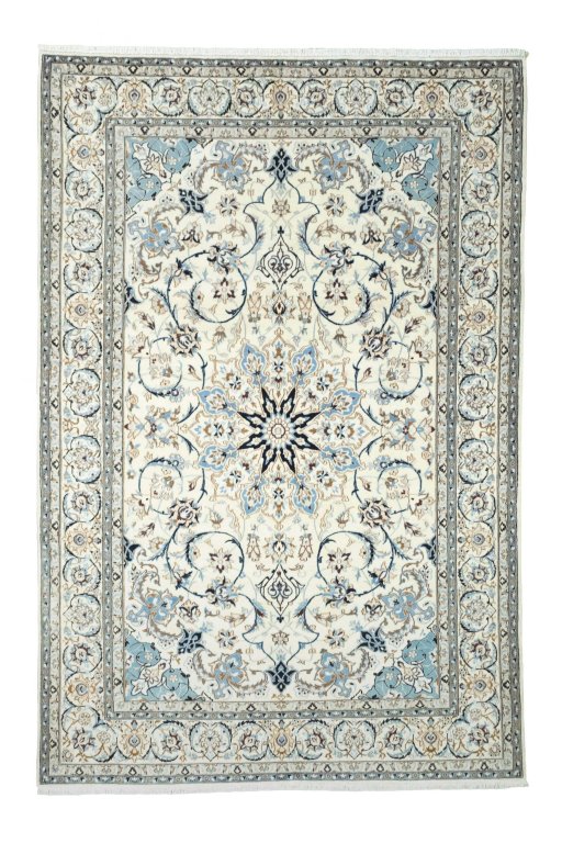 Full view of New Nain rug from Iran / Persia, 304 × 202 cm in Beige tones