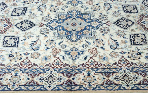 Full view of 2000s Nain rug from Iran / Persia, 397 × 105 cm in Beige tones