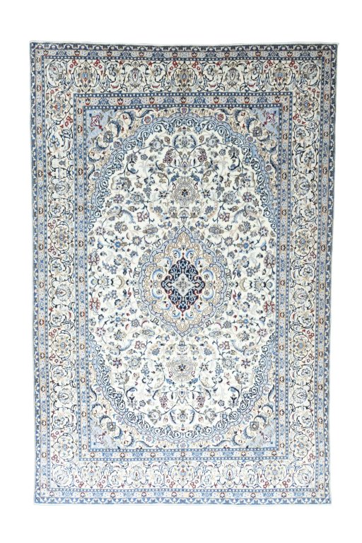Full view of 2000s Nain rug from Iran / Persia, 374 × 244 cm in Beige tones