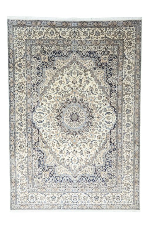 Full view of 2000s Nain rug from Iran / Persia, 368 × 256 cm in Beige tones