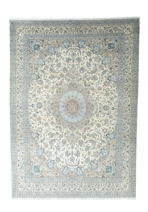 Full view of New Nain rug from Iran / Persia, 439 × 317 cm in Beige tones
