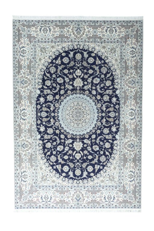 Full view of New Nain rug from Iran / Persia, 307 × 210 cm in Blue tones