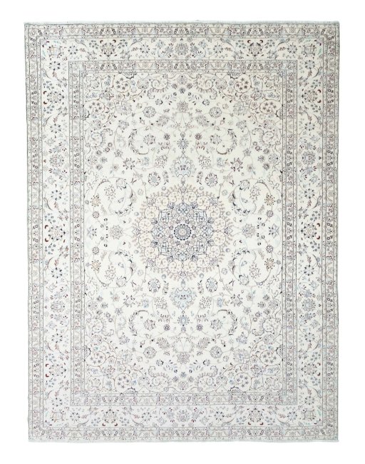 Full view of New Nain rug from Iran / Persia, 337 × 246 cm in Beige tones
