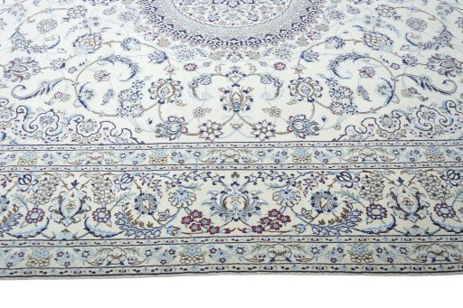 Full view of New Nain rug from Iran / Persia, 422 × 300 cm in Beige tones