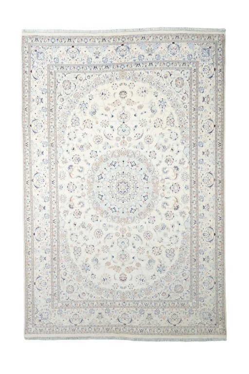 Full view of New Nain rug from Iran / Persia, 295 × 197 cm in Beige tones