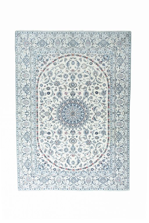 Full view of New Nain rug from Iran / Persia, 278 × 199 cm in Beige tones