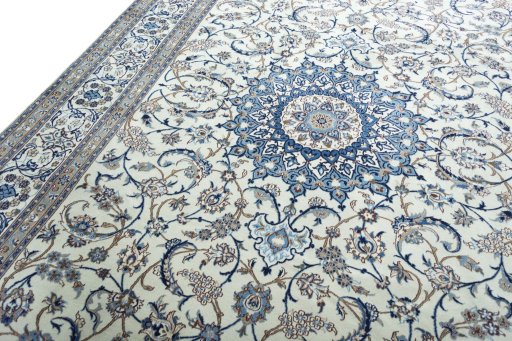 Backside of handmade 2000s Nain rug showing knot structure and weave density
