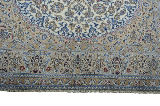 Full view of New Nain rug from Iran / Persia, 318 × 211 cm in Beige tones