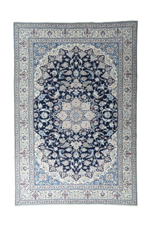 Full view of New Nain rug from Iran / Persia, 362 × 246 cm in Blue tones