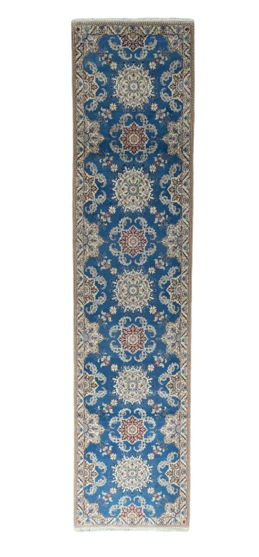 Full view of New Nain rug from Iran / Persia, 386 × 91 cm in Blue tones