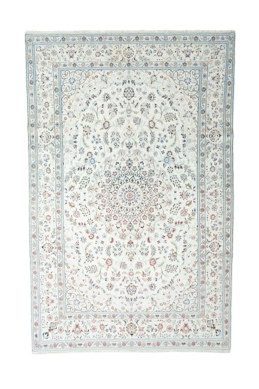 Full view of New Nain rug from Iran / Persia, 324 × 212 cm in Beige tones