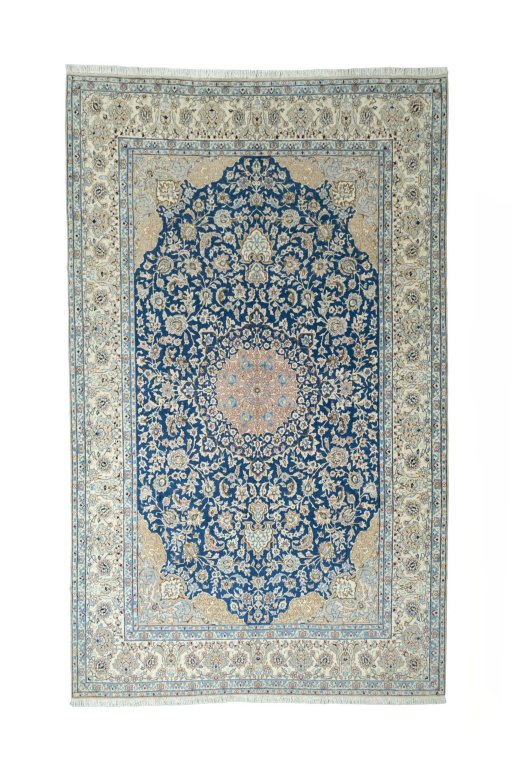 Full view of 1970s Nain rug from Iran / Persia, 337 × 207 cm in Blue tones