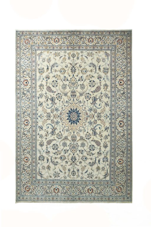 Full view of New Nain rug from Iran / Persia, 305 × 210 cm in Beige tones