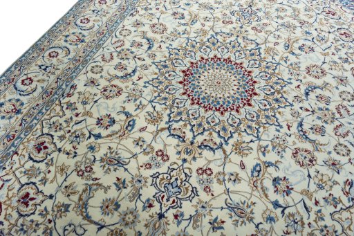 Backside of handmade 2000s Nain rug showing knot structure and weave density