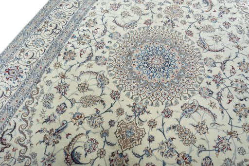 Backside of handmade New Nain rug showing knot structure and weave density
