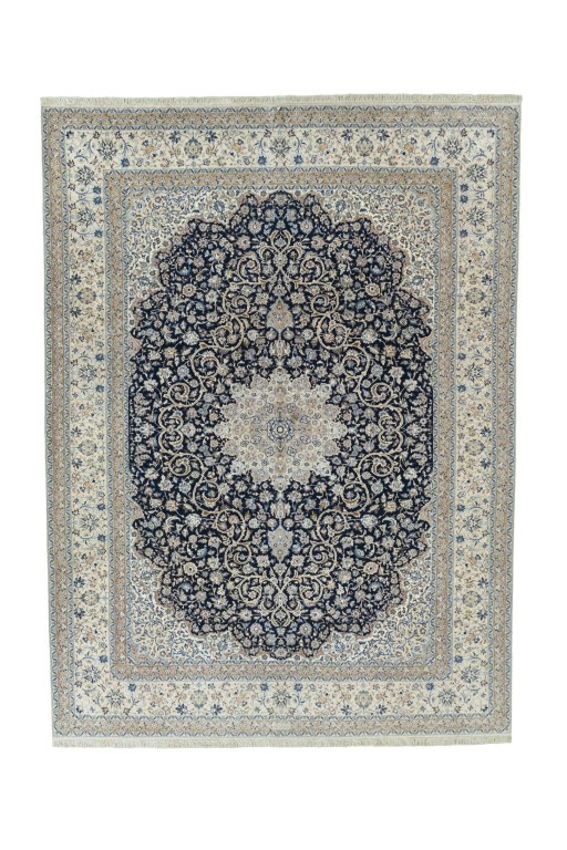 Full view of 1970s Nain rug from Iran / Persia, 350 × 260 cm in Blue tones